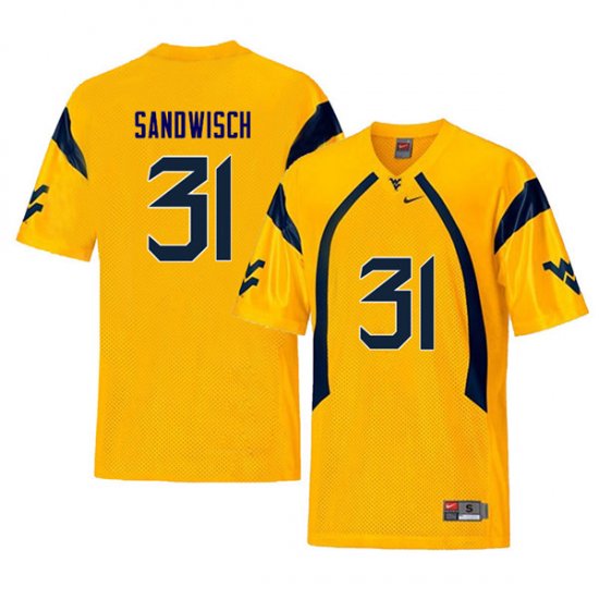 Men's West Virginia Mountaineers NCAA #31 Zach Sandwisch Yellow Authentic Nike Retro Stitched College Football Jersey VS15C44RX